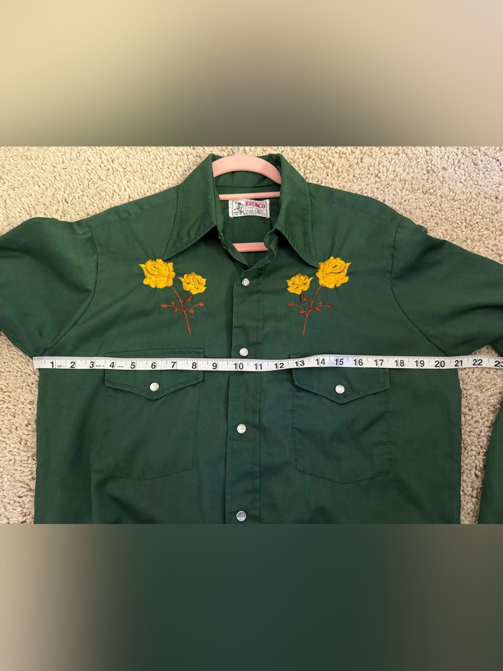 Vintage Bronco Western Shirt Green Embroidered Roses Snap Button M - Picture 7 of 8